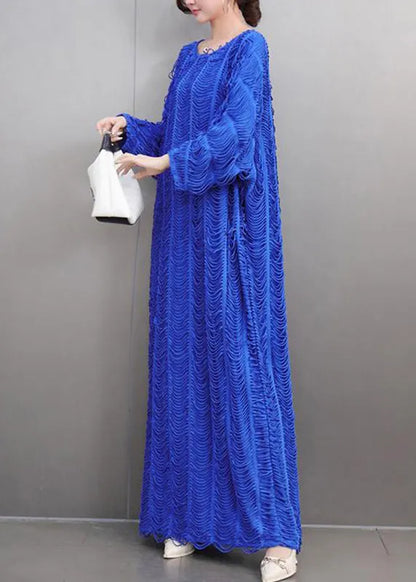 Loose Blue O-neck Cozy Tassel Long Dress Spring
