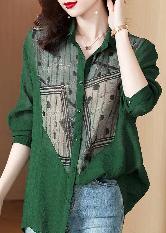 Green Peter Pan Collar Print Patchwork Cotton Blouses Long Sleeve