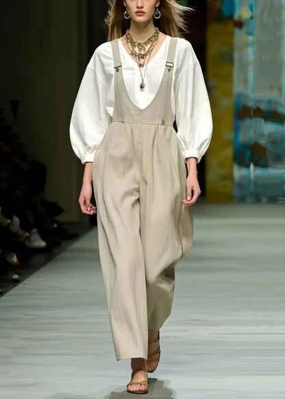 Simple Beige Oversized Cotton Jumpsuit Spring