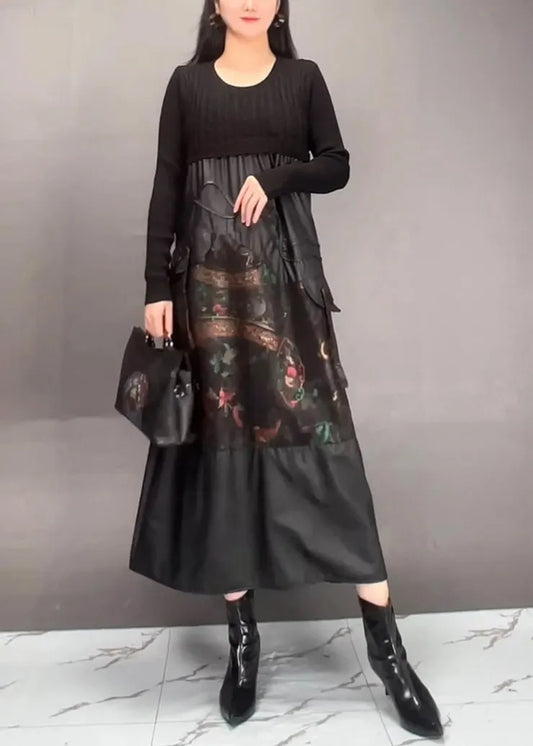 Black Print Patchwork Wrinkled Maxi Dress Fall