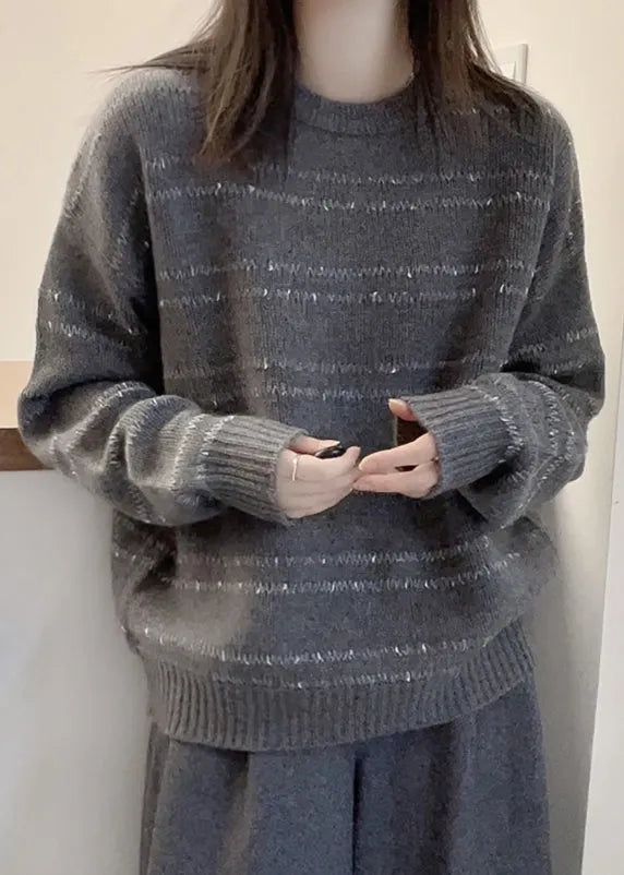 Art Pink O Neck Cozy Cotton Knit Sweater Fall