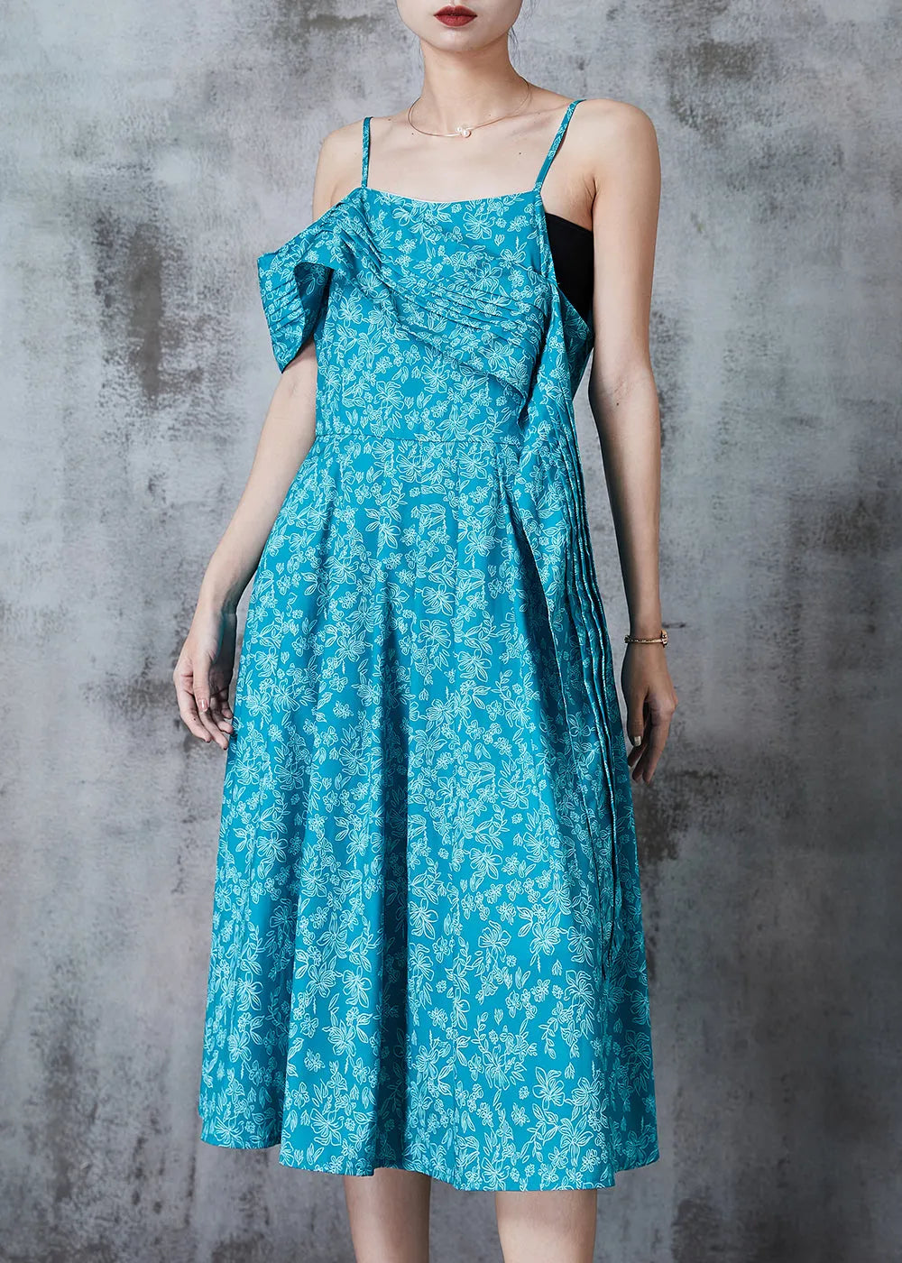 Blue Asymmetrical Print Cotton Cami Dresses Summer