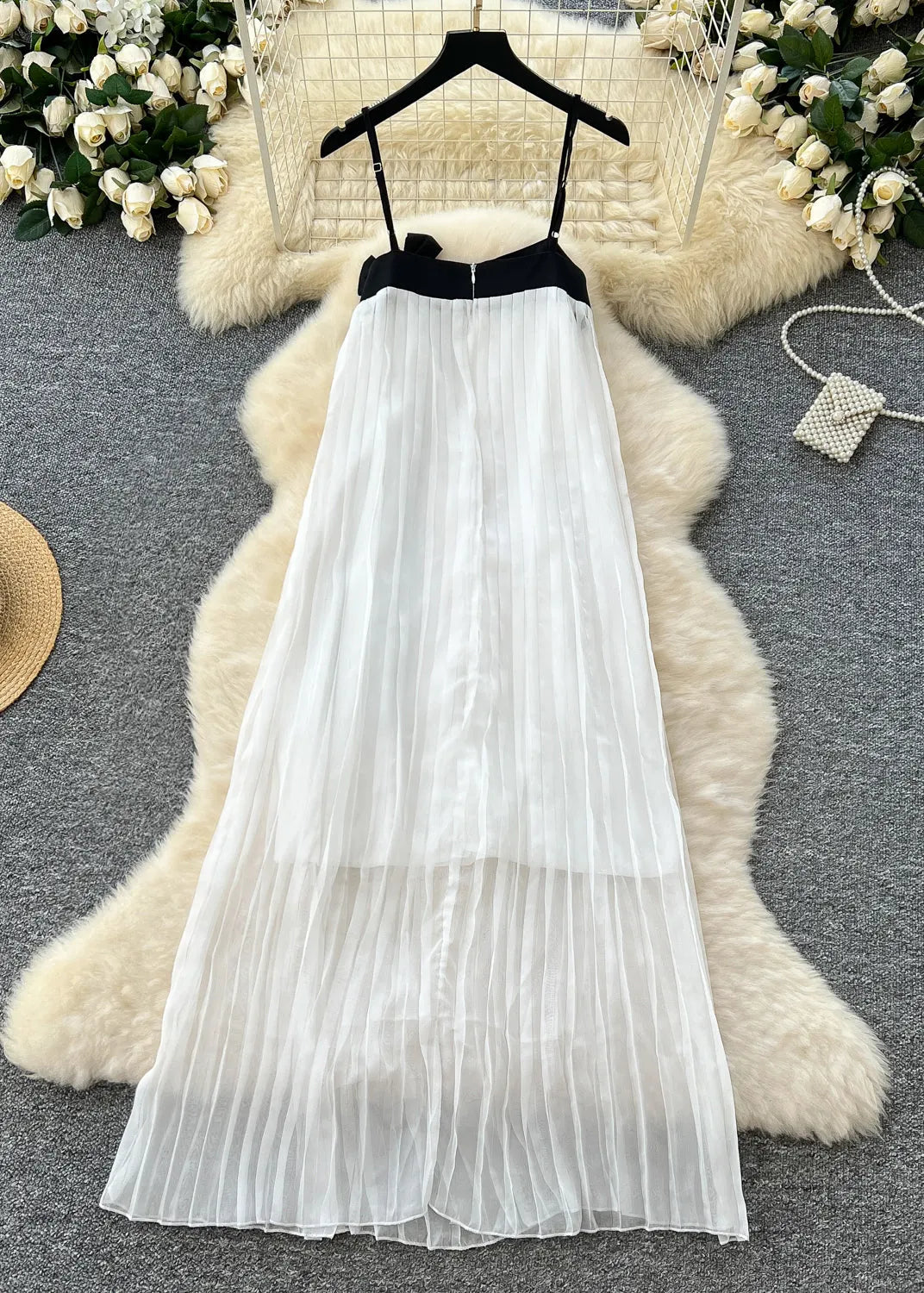 White Bow Patchwork Chiffon Pleated Cami Dress Summer