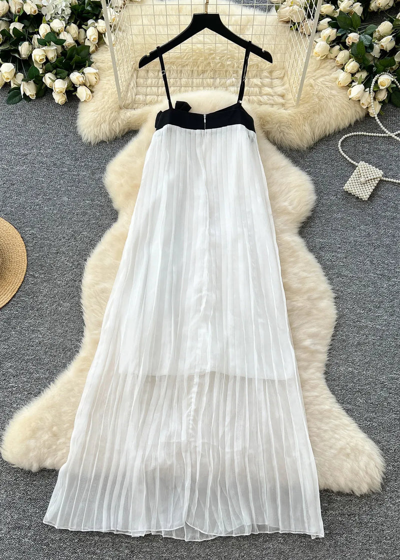 White Bow Patchwork Chiffon Pleated Cami Dress Summer