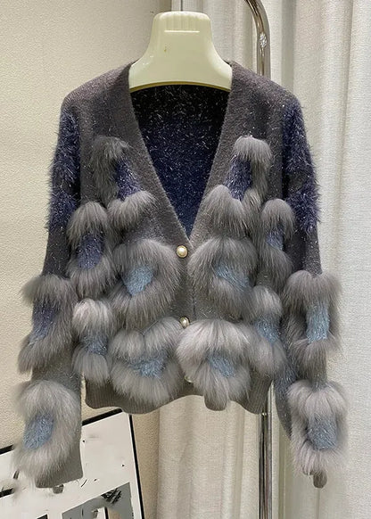 Art Yellow V Neck Patchwork Button Cotton Knit Cardigan Winter