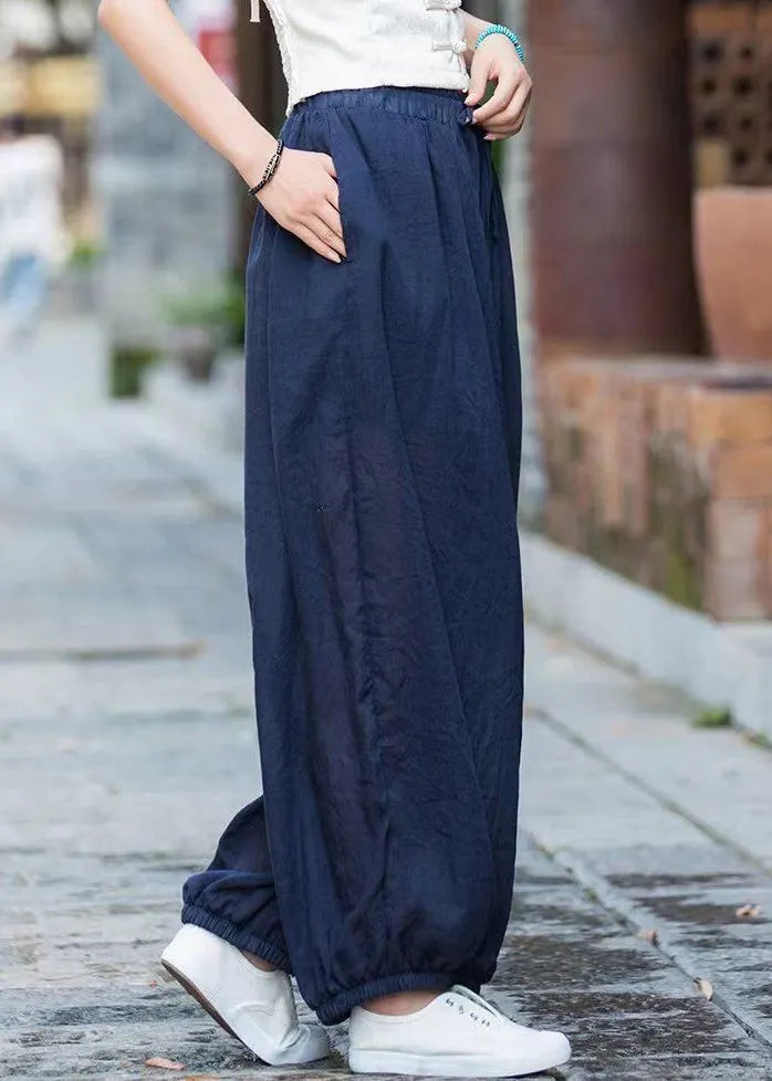 Navy Pockets Elastic Waist Cotton Lantern Pants Summer