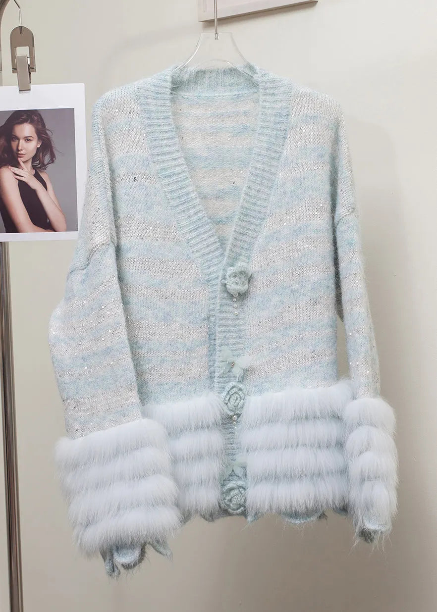 Striped Grey Fox Fur Patchwork Knit Cardigans Winter