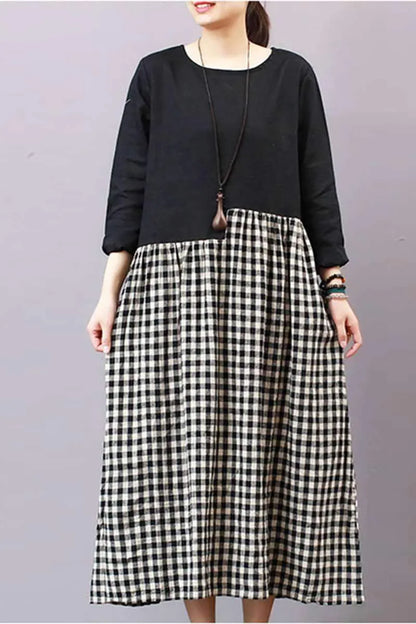 Loose Plaid Dress, Linen Literary Maxi Dress for Spring