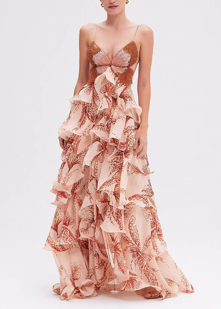Italian Ruffled Backless Chiffon Spaghetti Strap Dresses Summer