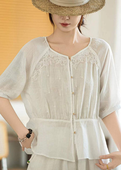 Natural Orange V Neck Embroidered Linen Top Summer