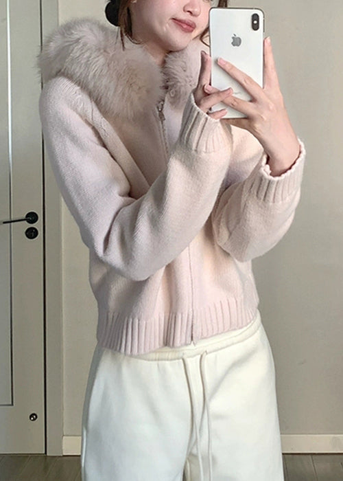 Blue Fur Collar Zippered Knit Coats Winter