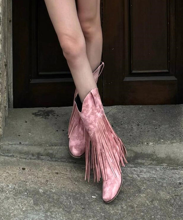 Pink Suede Splicing Chunky Boots Tassel