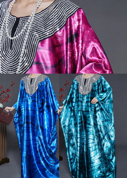 Blue Sequins Tie Dye Silk Holiday Dress Summer