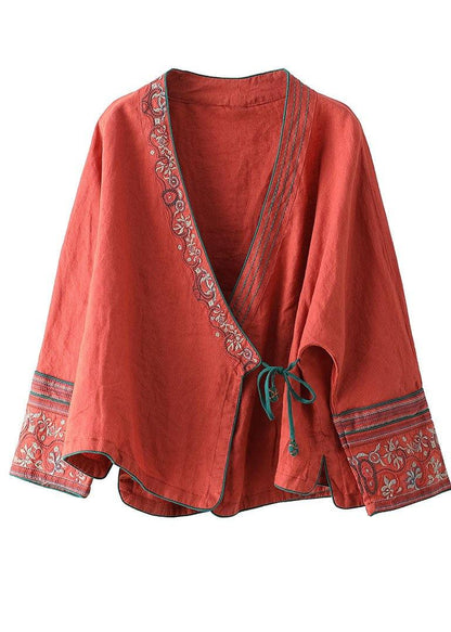 Purple Flower Embroidered Long Sleeve Linen Shirt