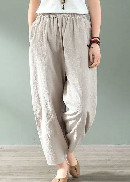 Linen Colour Elastic Waist Pockets Linen Crop Pants Summer