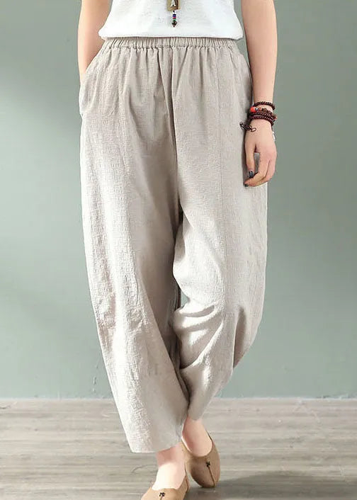 Linen Colour Elastic Waist Pockets Linen Crop Pants Summer