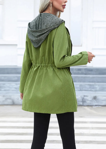 Green Drawstring Patchwork Cotton Hoodie Coat Fall