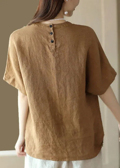 Brown O Neck Patchwork Linen T Shirt Top Summer