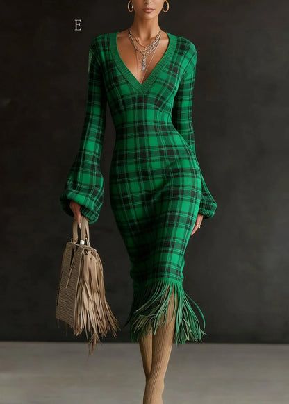 V Neck Tassel Patchwork Knitted Sweaters Dress Winter
