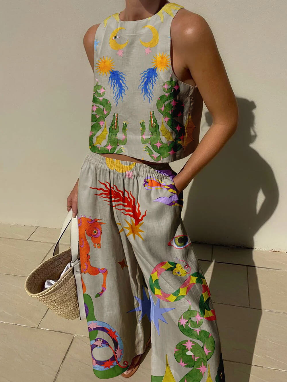 Beauty Unique Print Tank and Elastic Waist Pocketed Pants Set