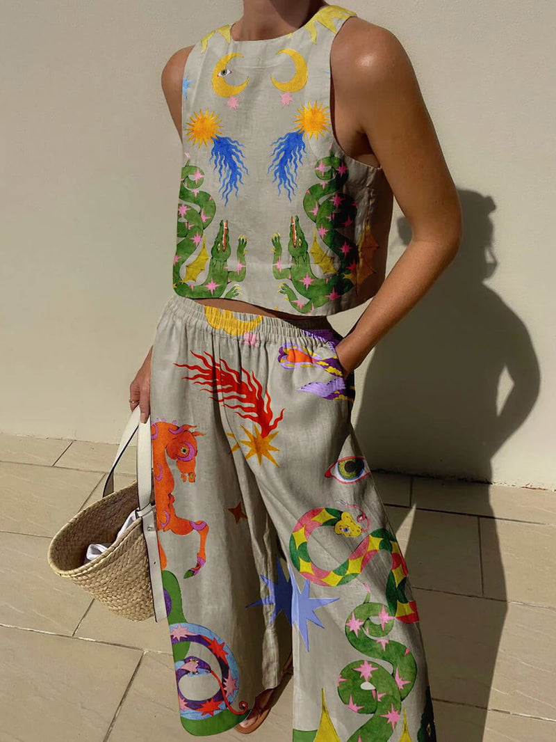 Beauty Unique Print Tank and Elastic Waist Pocketed Pants Set