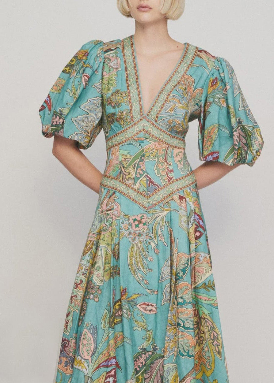 Green V Neck Print Slim Fit Cotton Dresses Lantern Sleeve