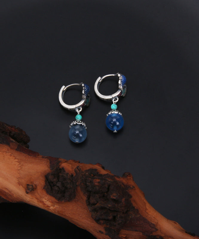 Blue Sterling Silver Cloisonne a Fish Leaping Over the Dragon Gate Drop Earrings