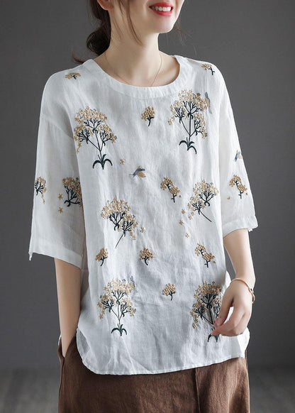 White O-neck Embroidered Summer Linen Tops Half Sleeve