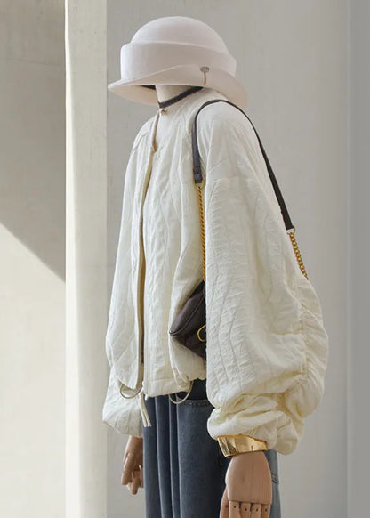 Beige Zip Up Drawstring Loose Cotton Jackets Lantern Sleeve