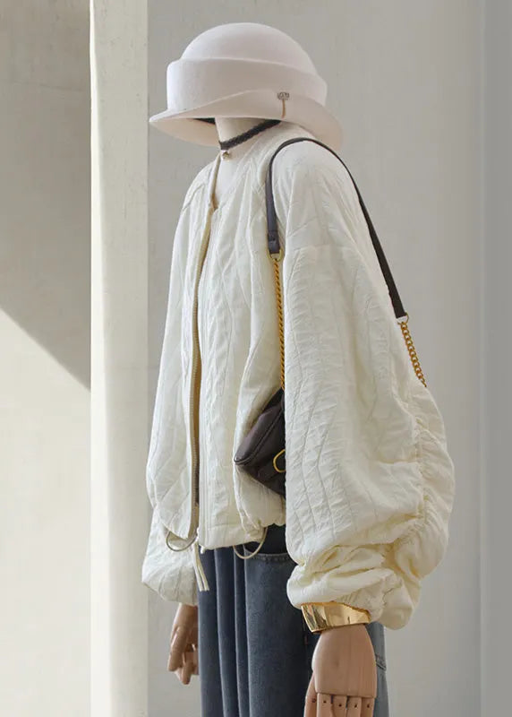 Beige Zip Up Drawstring Loose Cotton Jackets Lantern Sleeve