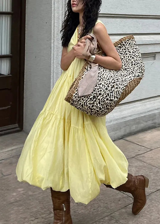 Organic Yellow O-nec Patchwork Long Holiday Dress Sleeveless