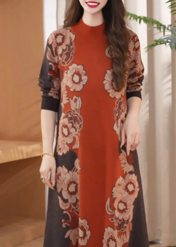 Orange O Neck Print Cozy Long Knit Dress Winter