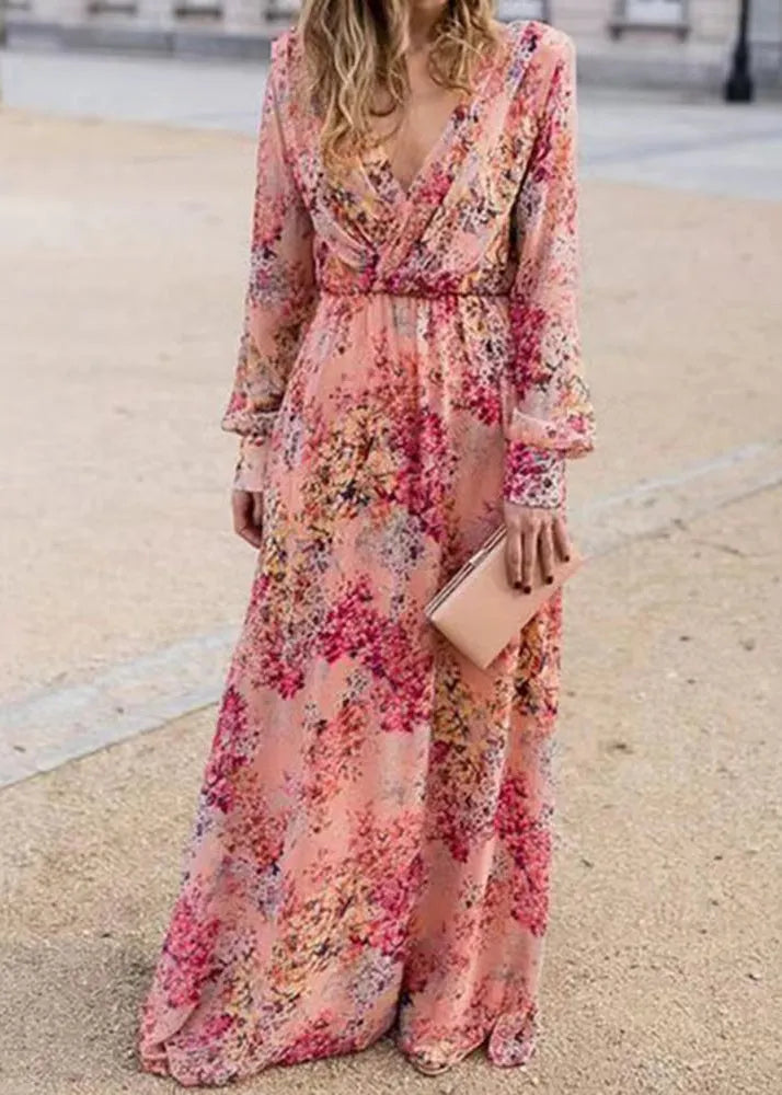 Pink V Neck Print Cotton Long Dress Fall
