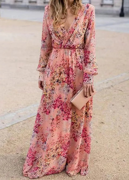 Pink V Neck Print Cotton Long Dress Fall