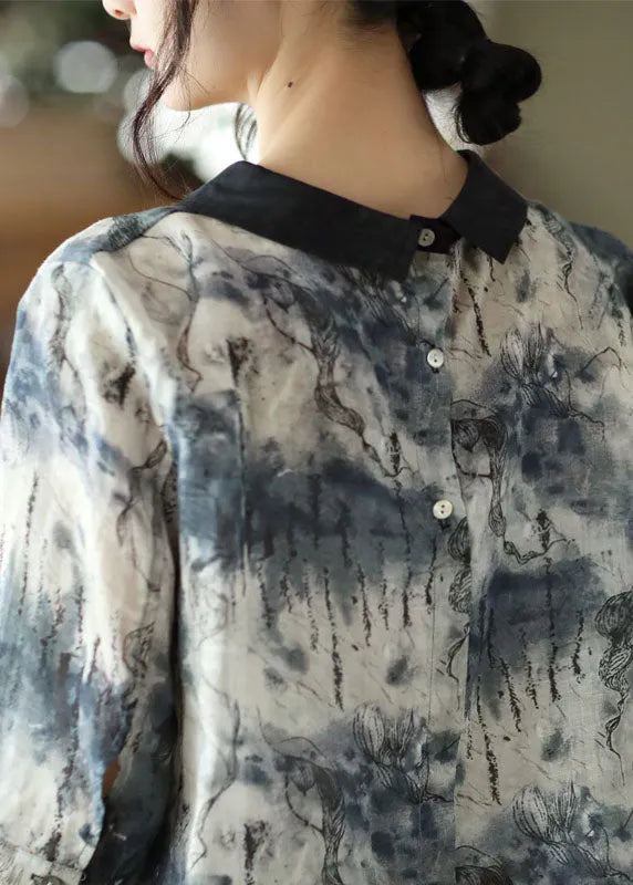 Blue Peter Pan Collar Button Linen Shirt Tops Half Sleeve