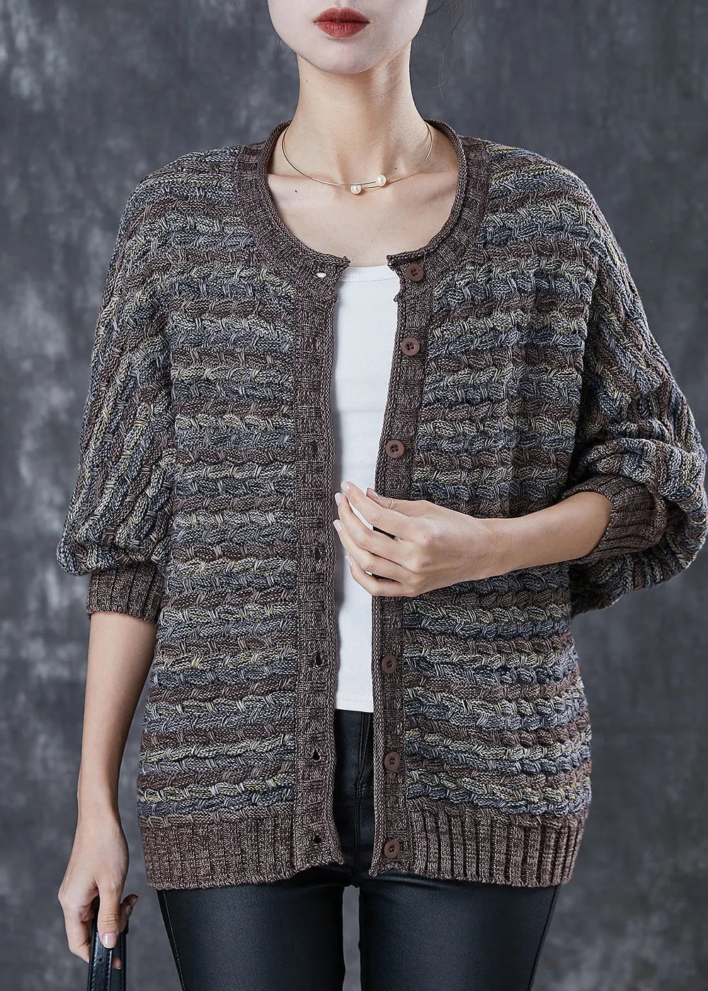 Coffee Striped Knit Cardigans Oversized O-neck Spring