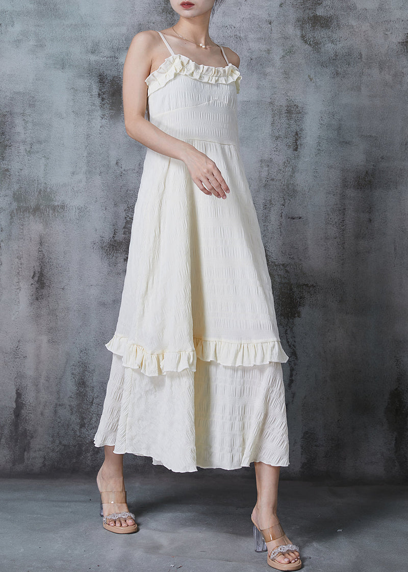 Apricot Ruffled Wrinkled Cotton Spaghetti Strap Dress Summer