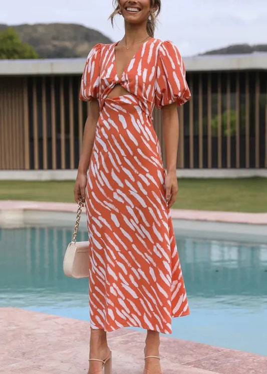 Fine Orange V Neck Puff Sleeve Print Cotton Vacation Dresses