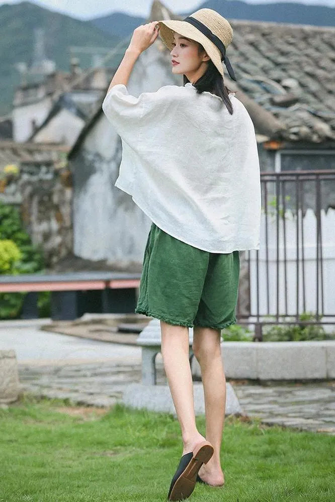 Loose Green and Yellow Linen Shorts Summer Trousers