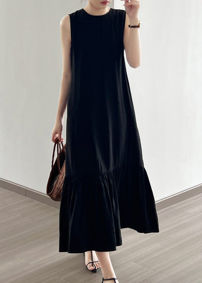 Black Wrinkled Cotton Long Dress O Neck Sleeveless