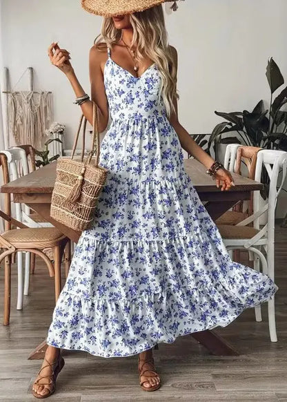 Blue Print Bow Cotton Spaghetti Strap Dress Summer