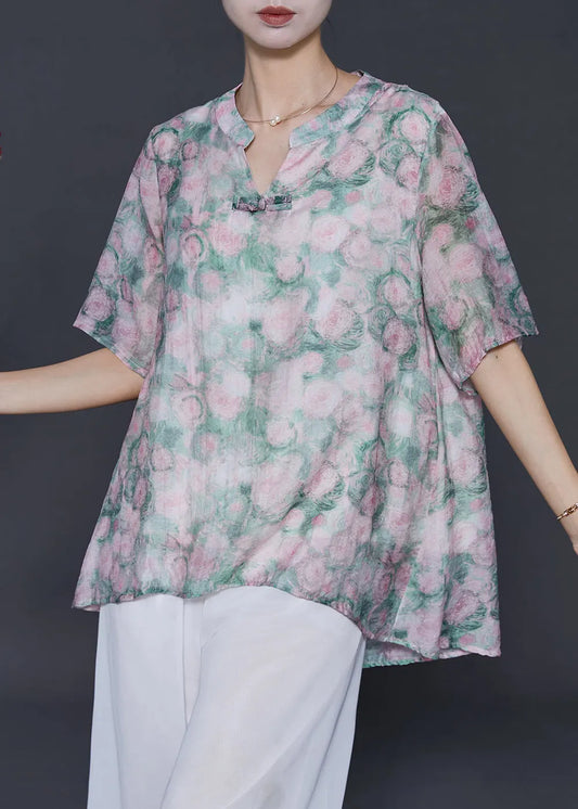 Green Oversized Print Cotton Blouses Summer