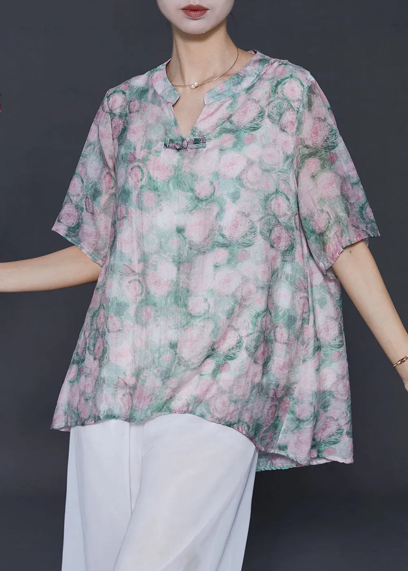 Green Oversized Print Cotton Blouses Summer