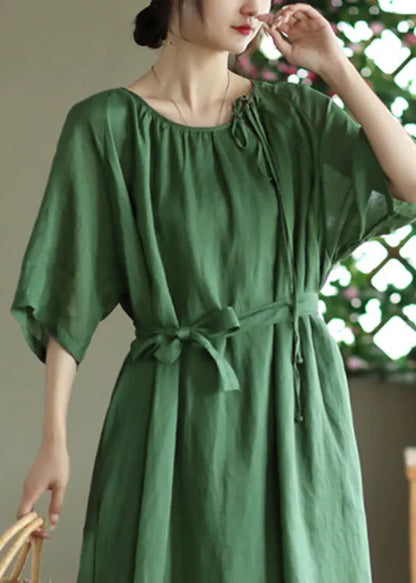 Green Tie Waist Long Dress Half Sleeve