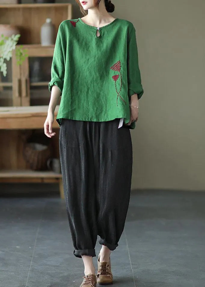 Green Loose Embroidered Fall Linen Shirt Tops Long Sleeve