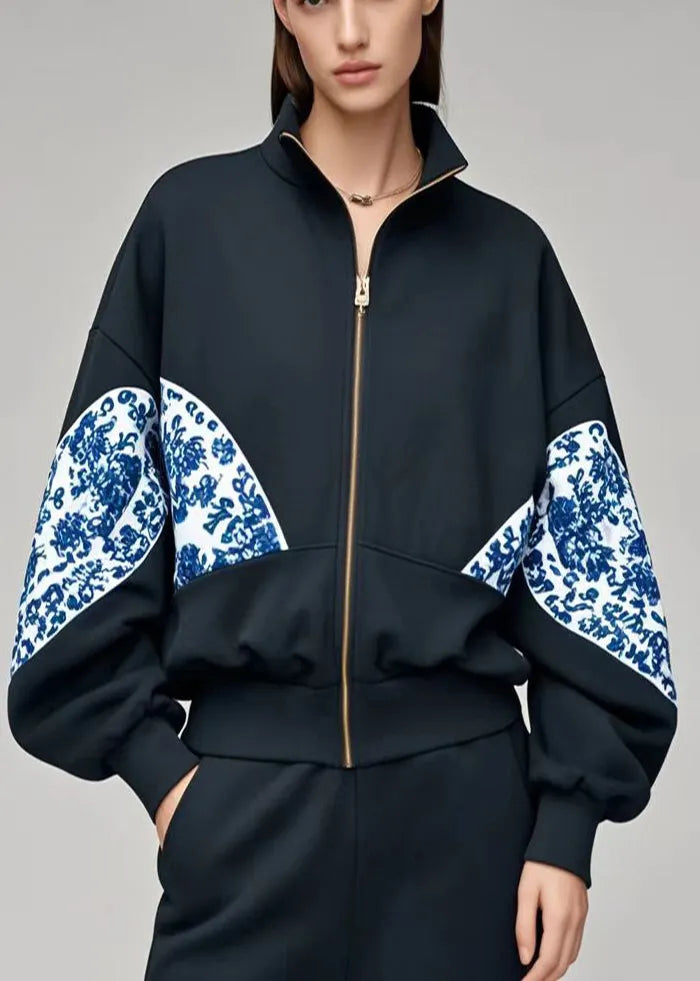 Black Oversized Patchwork Print Cotton Coats Fall