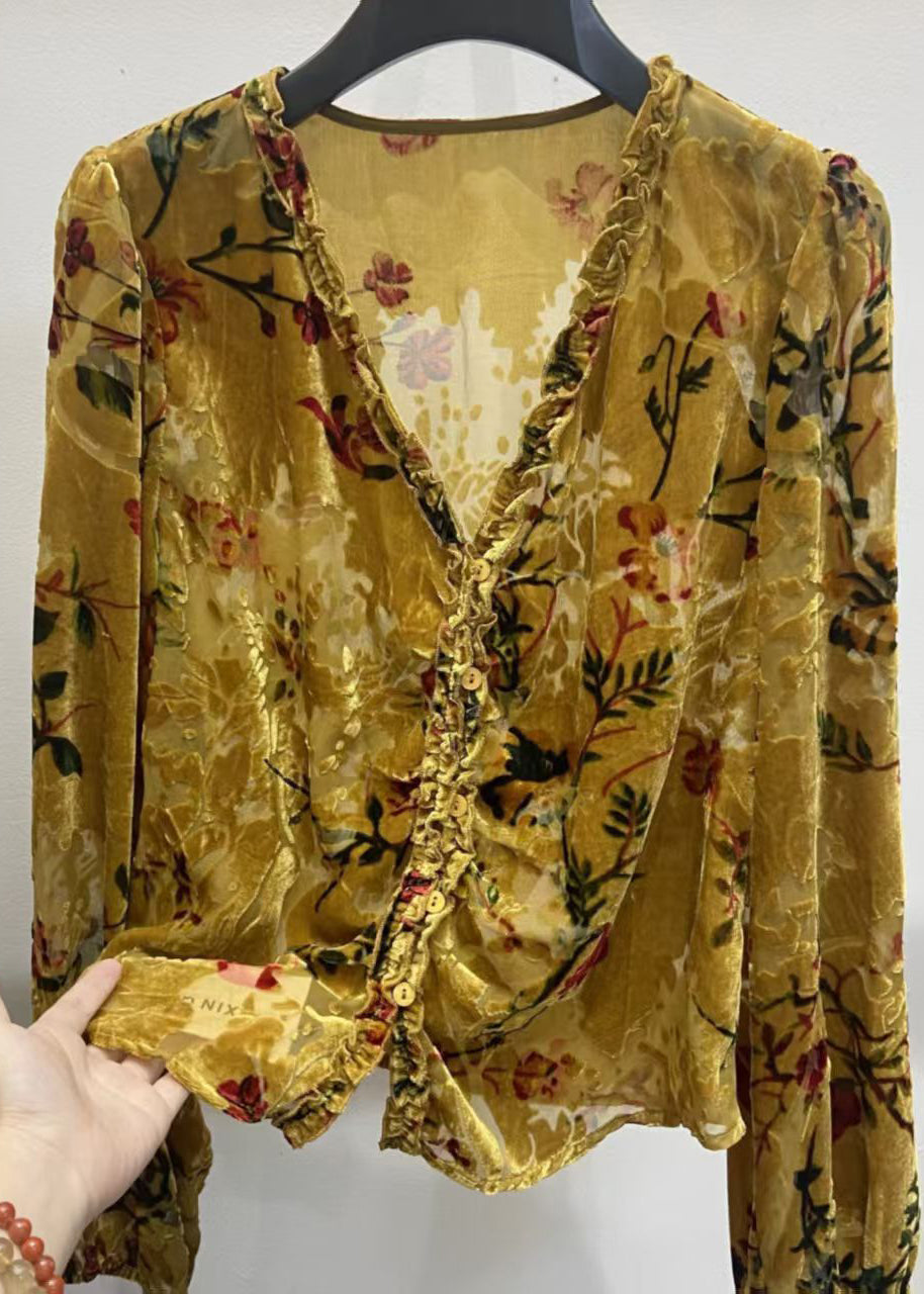 Yellow V Neck Ruffled Button Silk Velour Shirt Fall