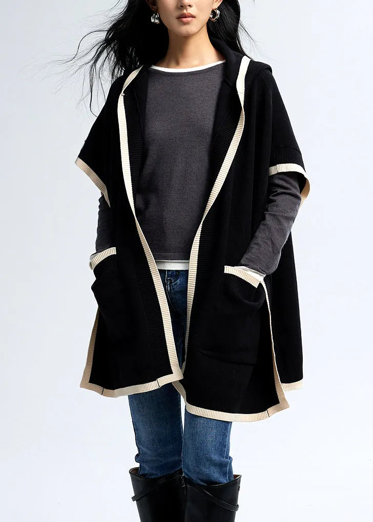 Black Hooded Pockets Knit Loose Cardigan Fall