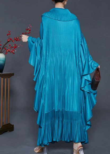 French Peacock Blue Ruffled Patchwork Wrinkled Silk Maxi Dresses Fall