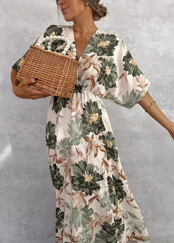Green V Neck Print Cotton Maxi Dresses Butterfly Sleeve